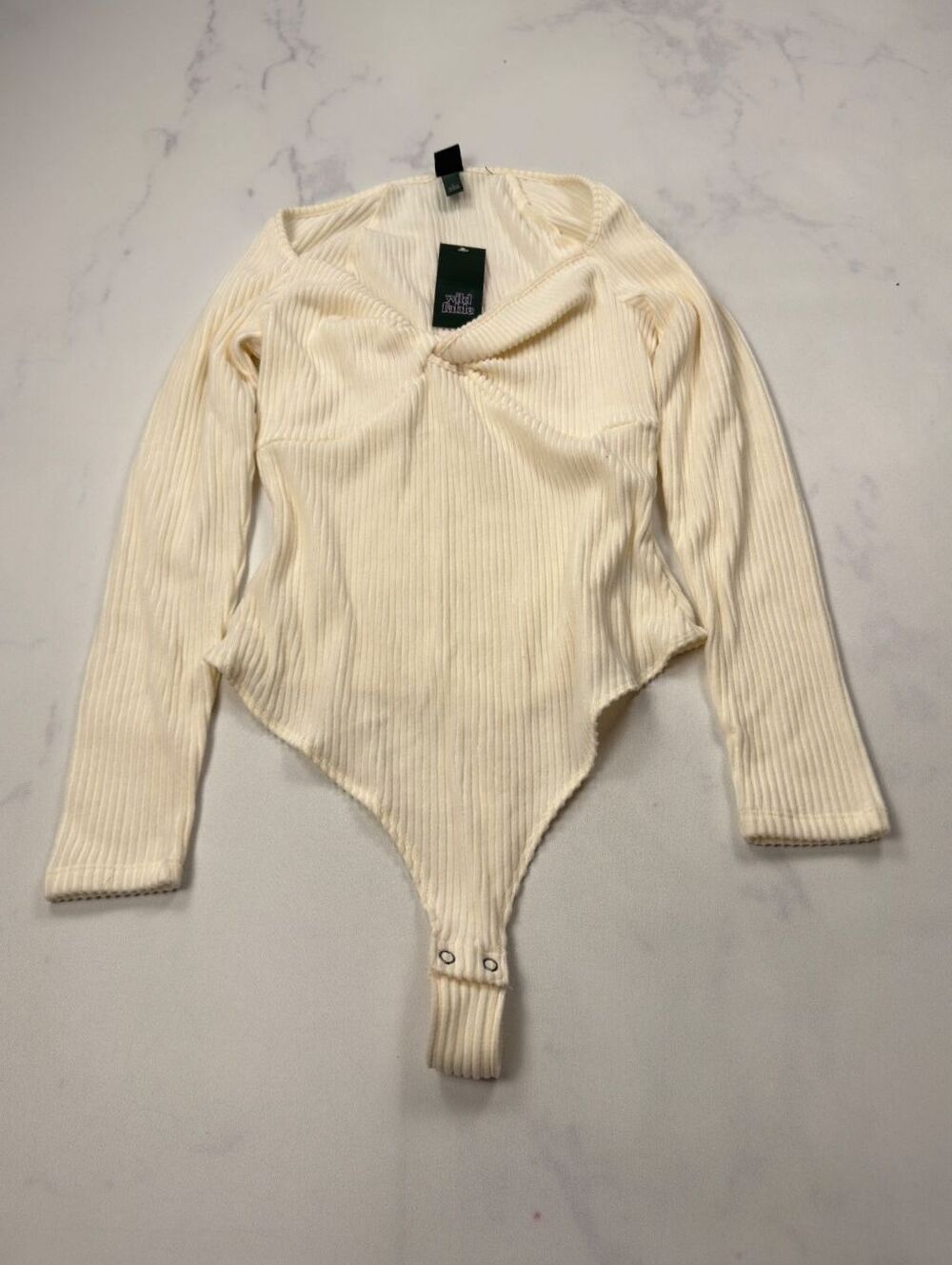 Wild Fable Bodysuit Cream Ribbed Twist Front Long Sleeve - Womens L NWT